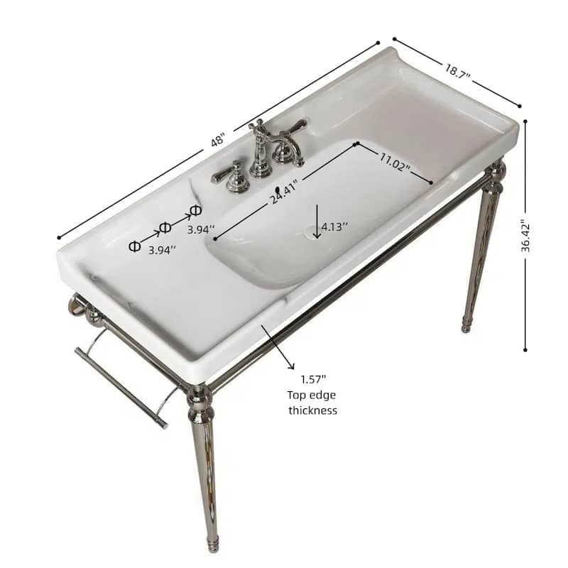 48" Wall-Mounted Bathroom Console Sink - Ceramic Vanity Basin with Stainless Steel Legs & Towel Bar