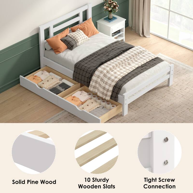 Twin Size Bed Frame Wood Platform Bed Frame with Headboard and 2 Storage Drawers/Wooden Slat Support/No Box Spring Needed/White
