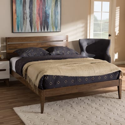 Full Size Platform Bed - Modern Wood Slatted Headboard - Contemporary Bed Frame - Solid Wood Bed