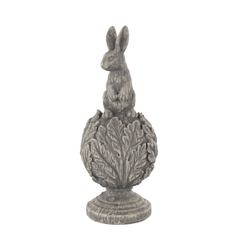 Polystone Rabbit Textured Sculpture with Leaf Covered Round Base - Gray - Roche River Decor - 8"W x 8"L x 20"H
