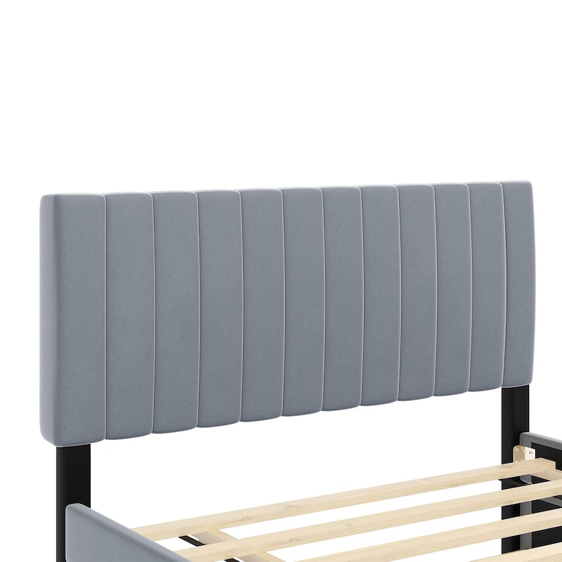Full Size Platform Bed Stylish Velvet Upholstered Bed Frame with Headboard and Footboard & Pull Out Twin Size Trundle