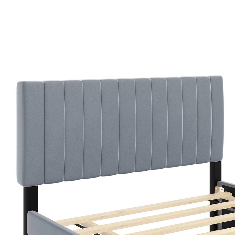 Roomfitters Full Velvet Upholstered Platform Bed with Twin Trundle, Modern Vertical Channel Headboard