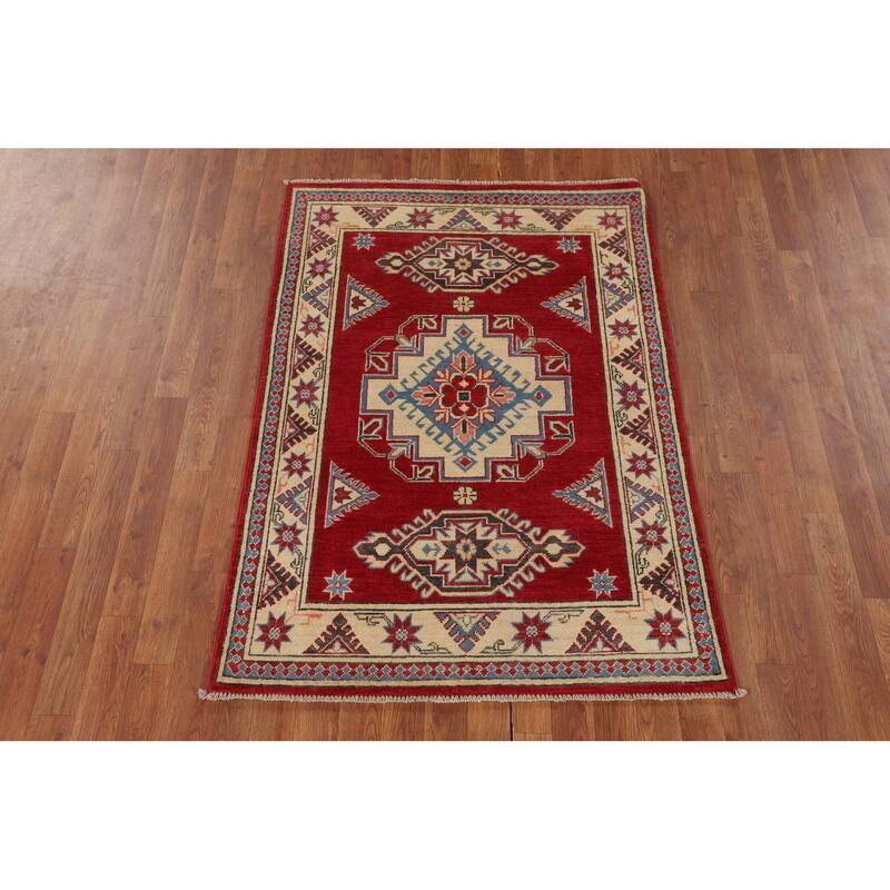 Geometric Red Kazak Accent Rug Hand-Knotted Wool Carpet - 3'4" x 4'9"