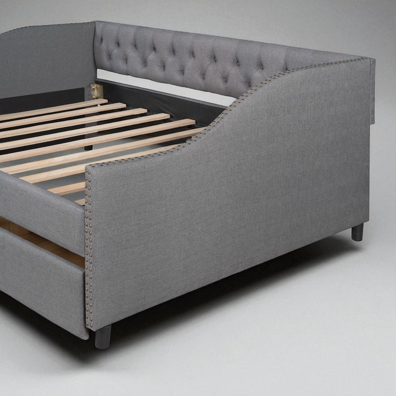 Full Size Upholstered Daybed with Storage Drawers, Diamond Tufted Backrest, Linen Fabric, Wood Slat Support