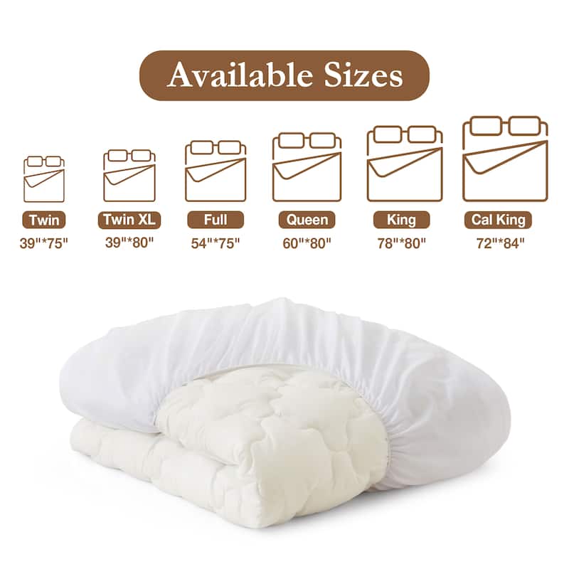 Organic Cotton Waterproof Quilted Mattress Pad, Fitted Stretchy Side Skirt Fits up to 18" - Off-white/White