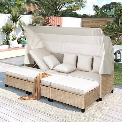 4-Piece UV-Proof Resin Wicker Patio Sofa Set with Retractable Canopy by Leisure Zone