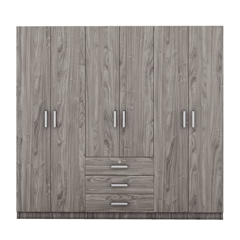 6-Doors Wardrobe Armoire with 3 Drawer, Shelves and Hanging Rail, Gray