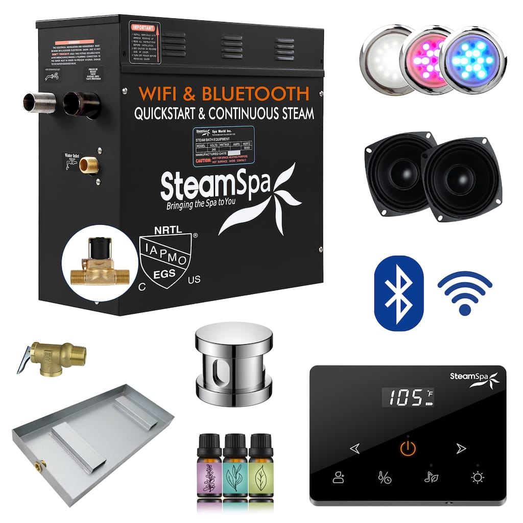 Black Series Steam Bath Generator with Fully Wireless Remote, BLUETOOTH, WIFI, and Auto Drain - 7.5 KW