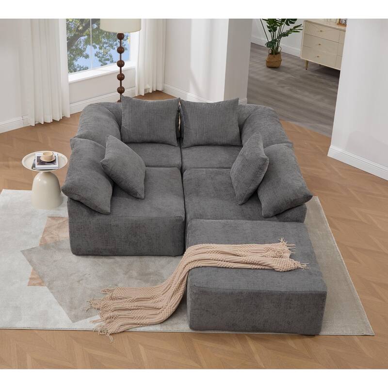 GDFStudio - Chenille L-Shaped Modular 5-Seater Sectional Sofa with Ottoman