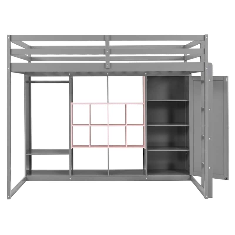 Full Size Wood Loft Bed with Wardrobe, shelves and Cabinet, Gray+Pink