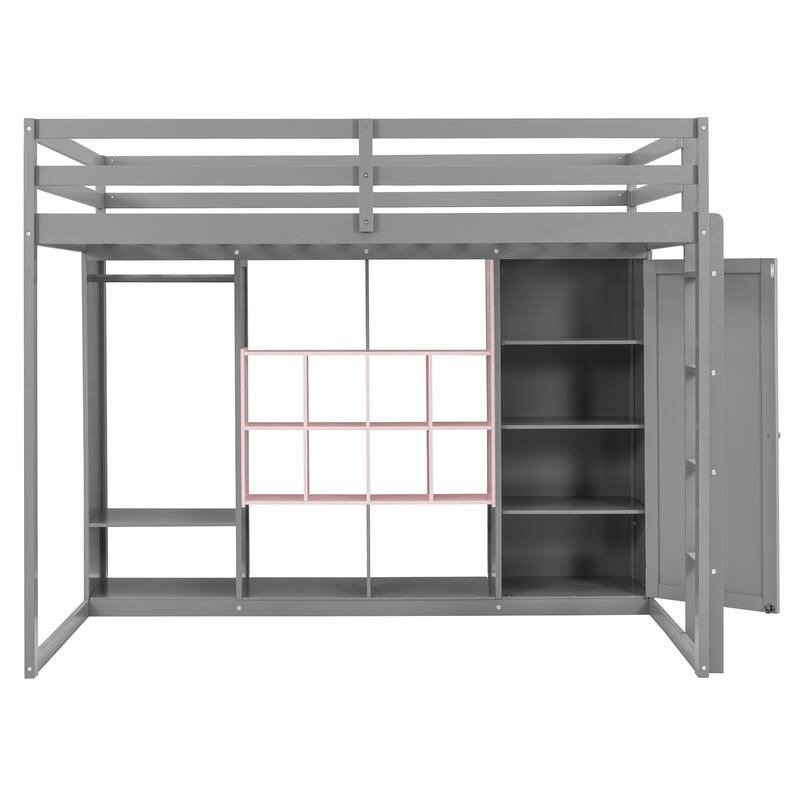 Twin/Full Size Versatile Loft Bed with Wardrobe, Storage Bed Frame with Multi-Shelves and Clothes Hanging Rod