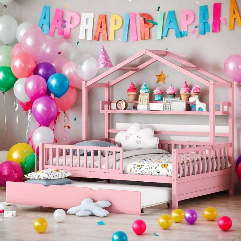 Full Size House Shape Platform Bed with Twin Size Trundle, Wooden Kids Bed Frame with Shelf for