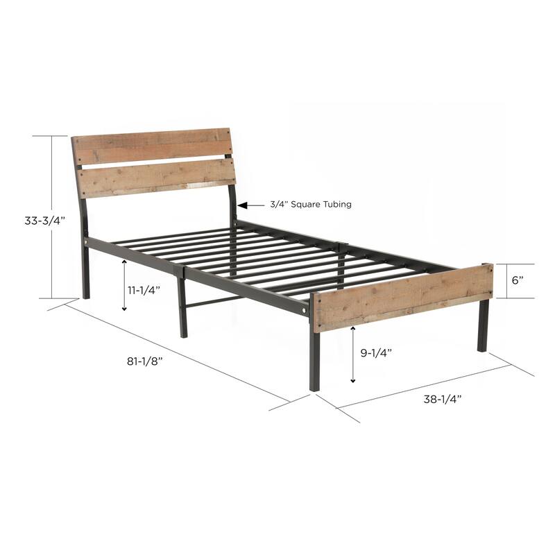 Twin Bed Frame Metal & Wood Style - Rustic Bed with Storage & Sturdy Base