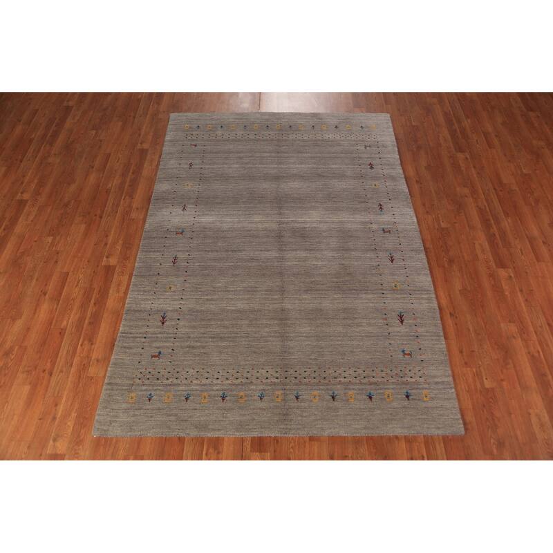 Contemporary Gabbeh Rug Hand-Knotted Beige Modern Wool Carpet - 5'3" x 7'8"