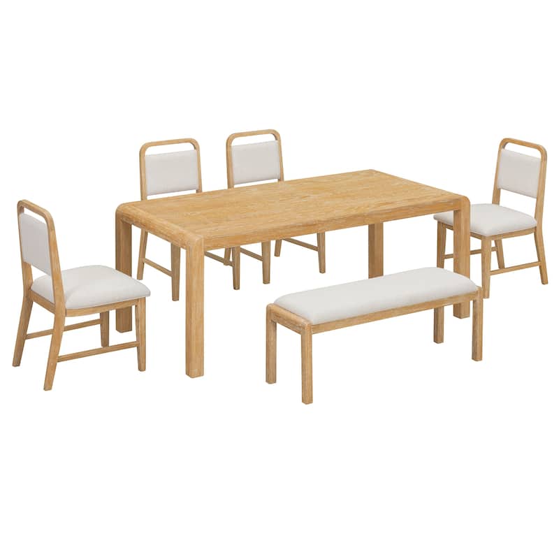 6-Piece Vintage Extendable Dining Table Set for 4-6 with 4 Upholstered Chairs & Bench, Rustic Wire-Brushed Kitchen Table