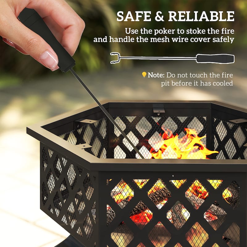 Hexagon Outdoor Fire Pit and BBQ Grill Black Steel with Mesh Lid Poker and Grill Grate 27.6 Inch - 27.6" L x 23.6" W x 23.6" H