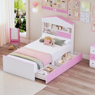 Twin Size House-Shaped Wooden Kids Bed Frame with Storage Shelf on the Headboard and Built-in Two Storage Drawers