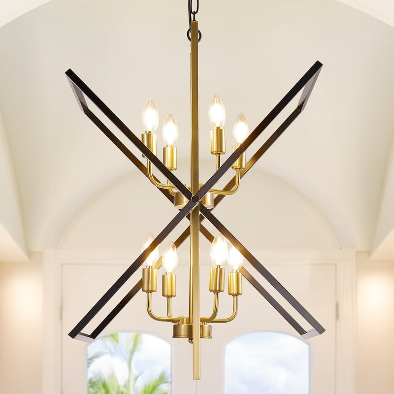 8-light Farmhouse Rustic Chandelier, Rotation Chandelier Fixture - 24 Inch - Black&Gold