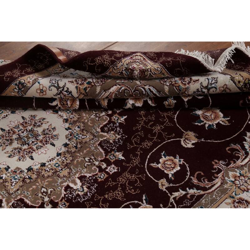 Burgundy Red Floral Aubusson Area Rug Machine Made Carpet - 6'6" x 9'10"