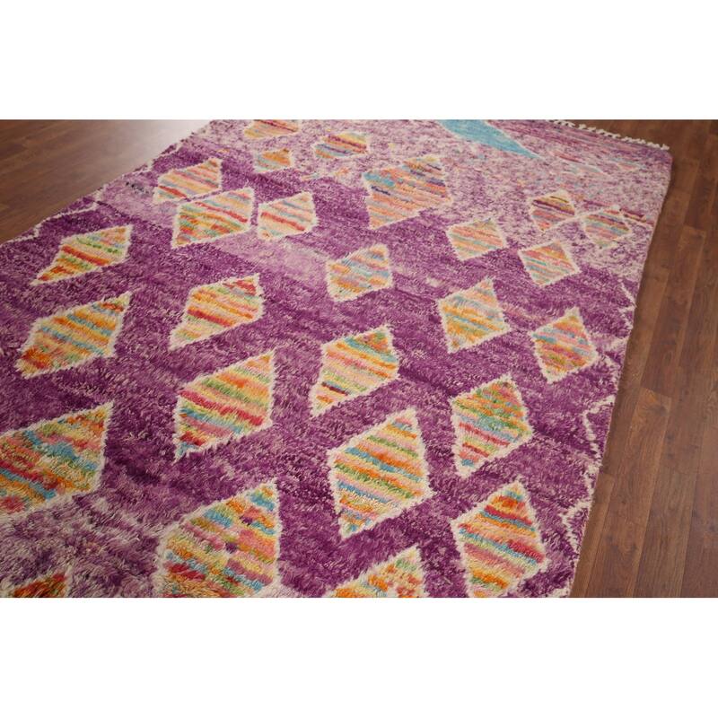 Geometric Purple Moroccan Abstract Area Rug Hand-Knotted Wool Carpet - 5'8"x 10'3"