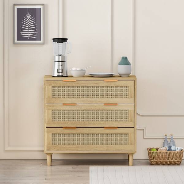 slide 2 of 8, 31.50"3-Drawers Rattan Storage Cabinet Rattan Drawer,for Bedroom,Living Room,Dining Room Oak