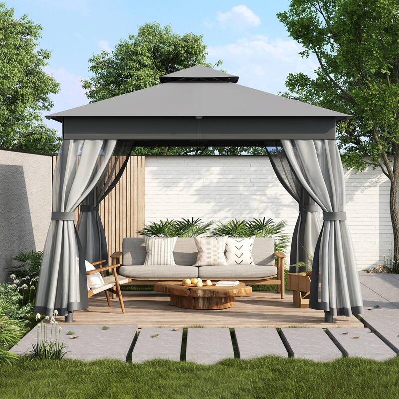 Outdoor Gazebo Tent with Double Roof, Mosquito Netting & Patio Canopy - Grey - 10 x 10