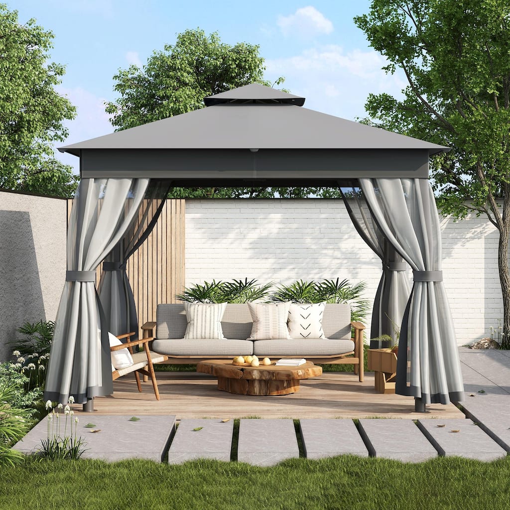 Outdoor Gazebo Tent with Double Roof, Mosquito Netting & Patio Canopy