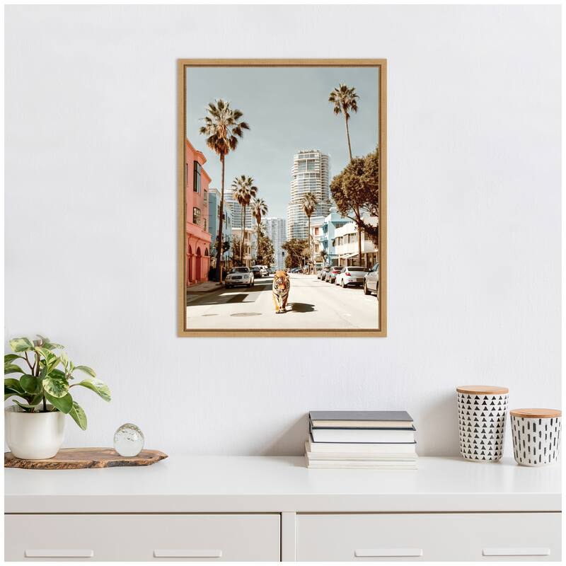 Kate and Laurel Sylvie California Tiger Roaming through Palm Springs Framed Canvas by Michael Schauer