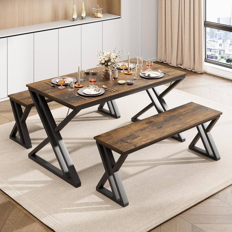 Kitchen Room Dining Table Set with Benches for 4 for Kitchen, Apartment, Studio - Brown