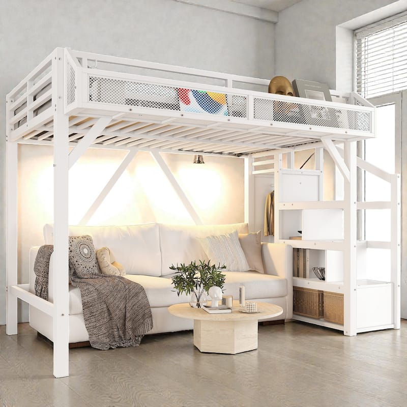 Metal Loft Bed with Storage Stairs, Wardrobe and Shelves, USB Ports and LED Lights, Noise Reduced Frame