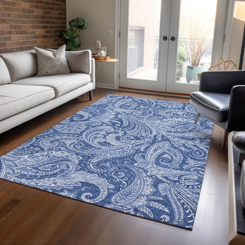 Machine Washable Indoor/ Outdoor Chantille Paisley Traditional Rug - Navy - 8' x 10'