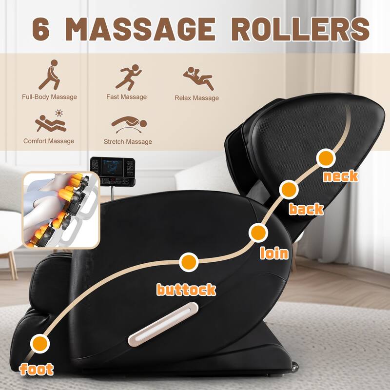 Black Zero Gravity Full Body Massage Chair with Air Pressure, Heated Foot Rollers & Bluetooth, Reclining Chair