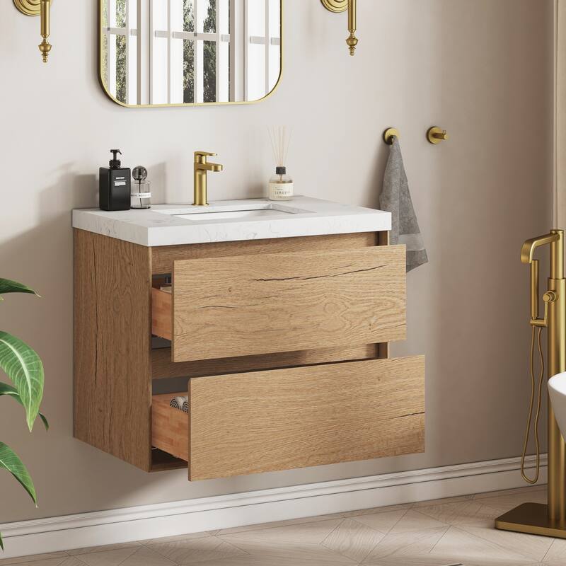 Sylphar 30 inch Bathroom Vanity with Sink, Floating Oak Cabinet with Stone Top