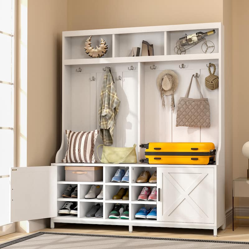 Moasis Farmhouse Hall Tree with Bench and Shoe Storage with 10 Hooks for Entryway