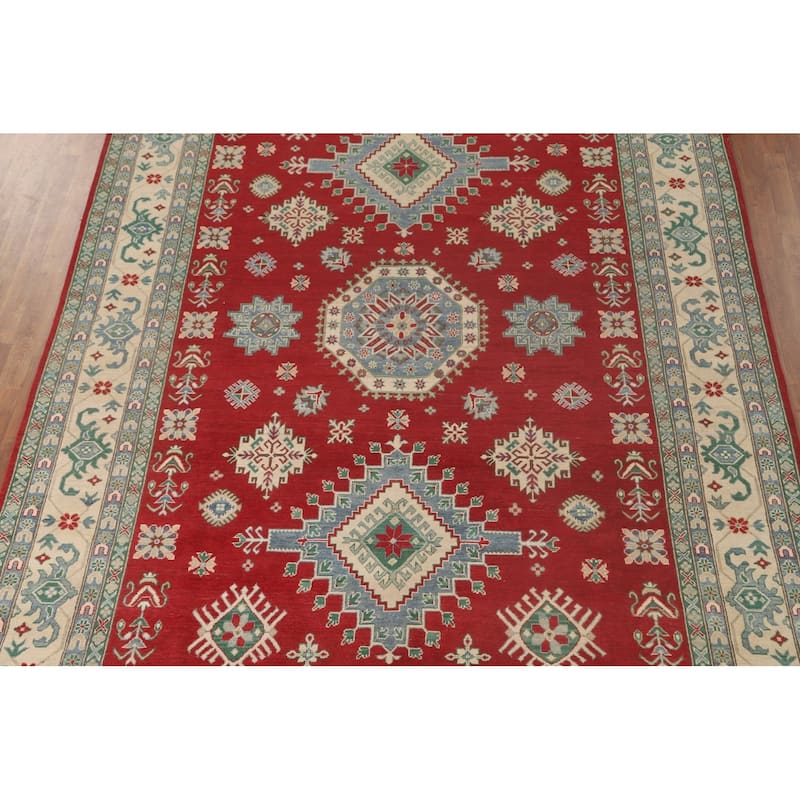 Red Geometric Kazak Oriental Area Rug Handmade Traditional Wool Carpet - 8'4"x 11'7"