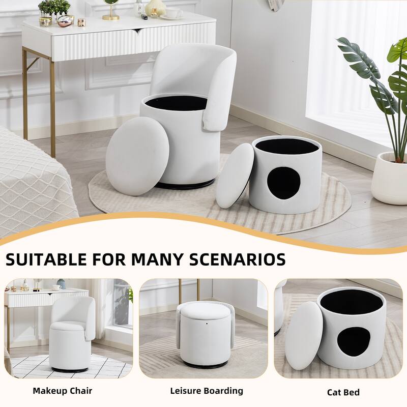 Stylish Upholstered Barrel Chair: 360°Swivel Vanity Stool for Bedroom & Dining Chair, Built-in Storage, Soft Padded Accent Seat