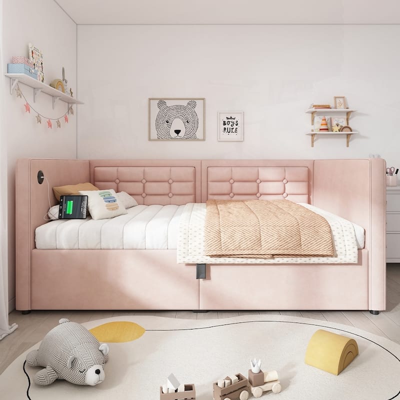 Hydraulic Storage Twin Bed Frame with Wooden Slats and Tufted Sofa Back