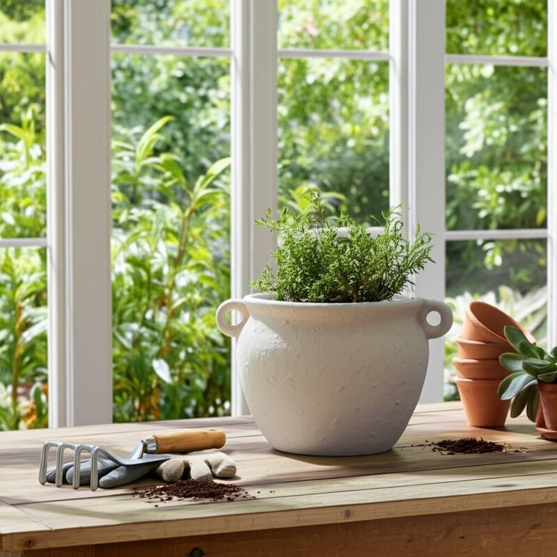 Planter Stoneware Ceramic Textured Surface With Dual Side Handles and Drainage Hole for Home or Garden Decor - 6" White