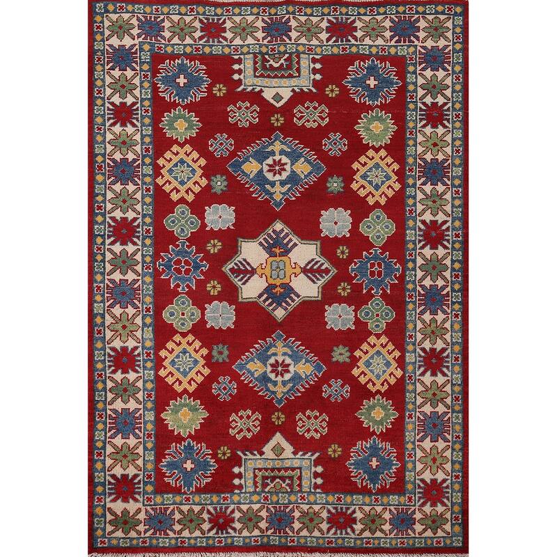 Oriental Kazak Area Rug Hand-Knotted Geometric Red Wool Carpet - 4'0" x 5'8"