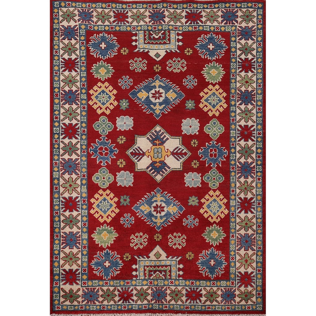 Oriental Kazak Area Rug Hand-Knotted Geometric Red Wool Carpet - 4'0" x 5'8"
