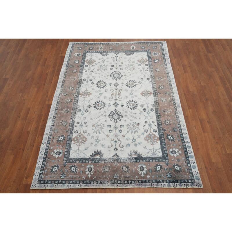 Hand Knotted Oriental Viscose Silk Carpet Traditional Floral Beige & Ivories Tabriz Area Rug - 7' 10'' X 5' 0''