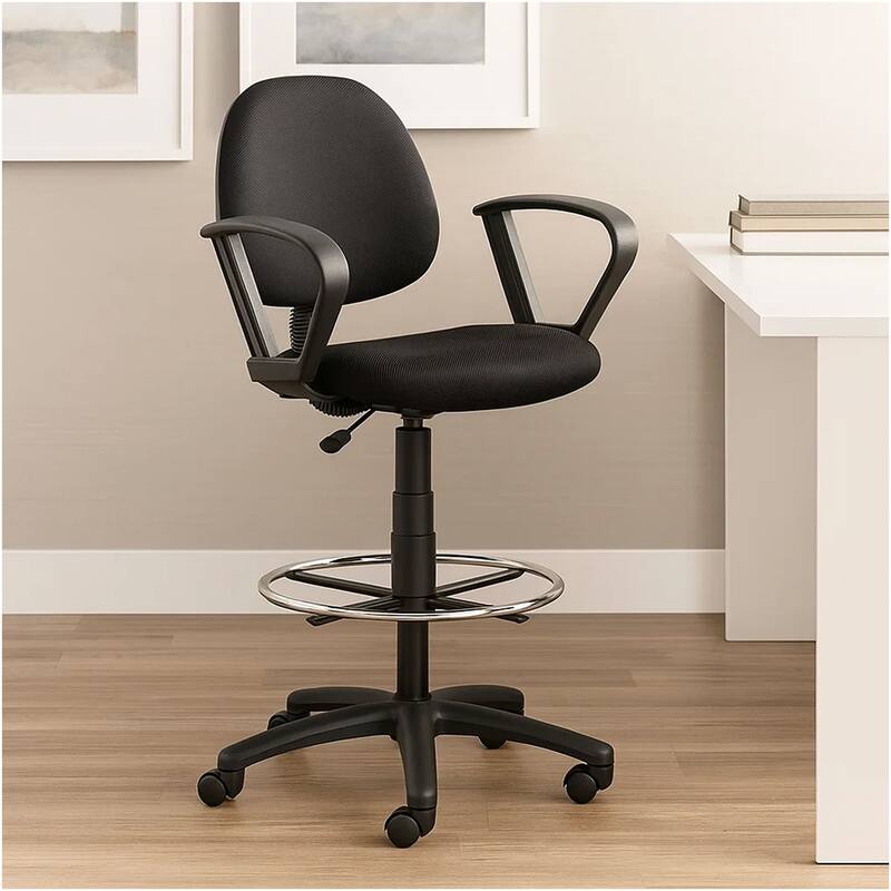 Jea Drafting Stool Chair, Loop Arms, Black Tweed, Round Footring