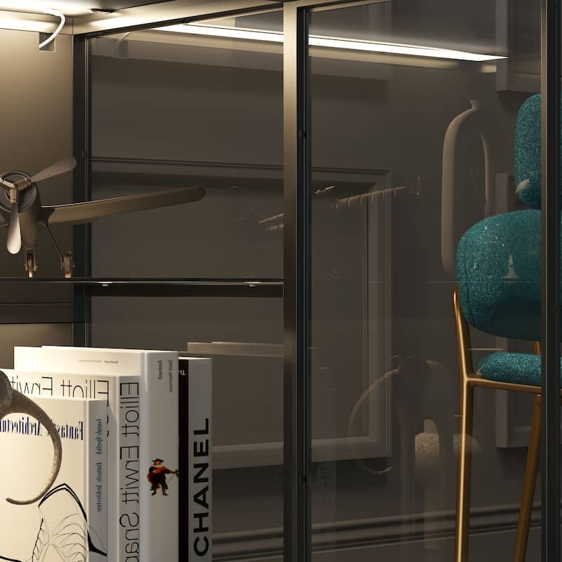 Display Storage Cabinet with Glass Shelves & Lighting Booshelf - 55.1"