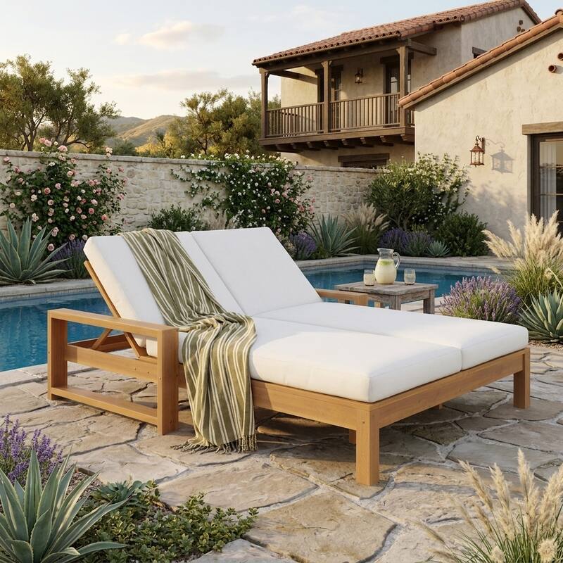 Outdoor Double Chaise Lounge Chair with Dual 5-Position Backrests by Leisure Zone - Light Teak