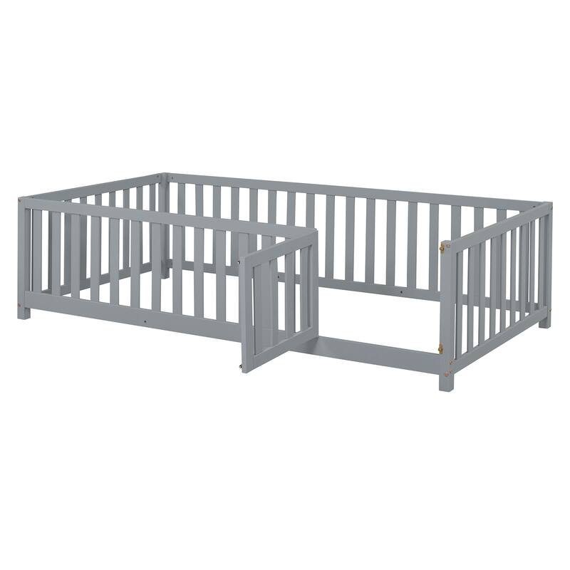 Twin Size Wood Daybed with Fence Guardrails and 2 Drawers, Split into Independent Floor Bed & Daybed