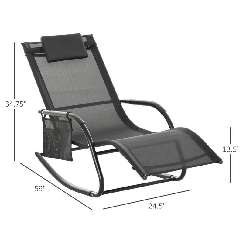 Outdoor Rocking Chaise Lounge Chair with Headrest Armrests and Side Pocket Breathable Mesh Recliner - 59" L x 24.5" W x 34.75" H