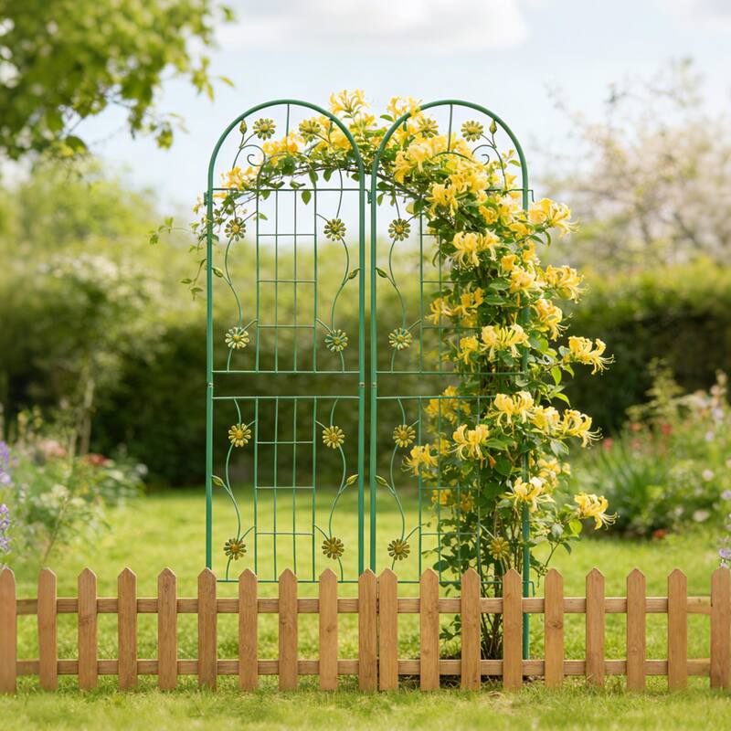 Anmytek Decorative Metal Garden Trellis Set of 2 with Arch Top Daisy Motifs Green Weather Resistant Climbing Plant Support