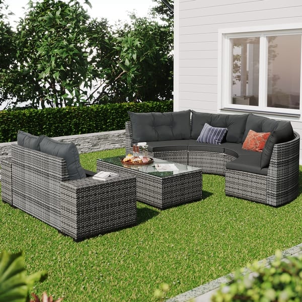 slide 2 of 27, 8-pieces Outdoor Wicker Round Sofa Set, Half-Moon Sectional Sets All Weather