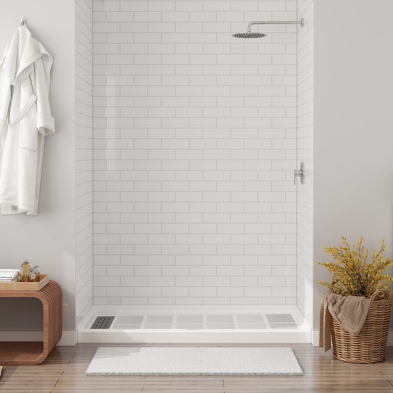 60 in. L x 36 in. W x 96 in. H Three-Piece Glue Up Alcove Shower Wall Surround in White - 60 x 96 - White-Small Brick Lattice