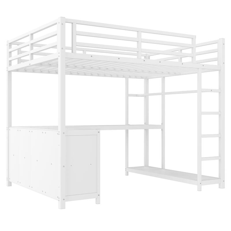 Metal Loft Bed with Wardrobe and L-shaped Desk, Full Size Loft Bed with Storage Cubes and Shelves
